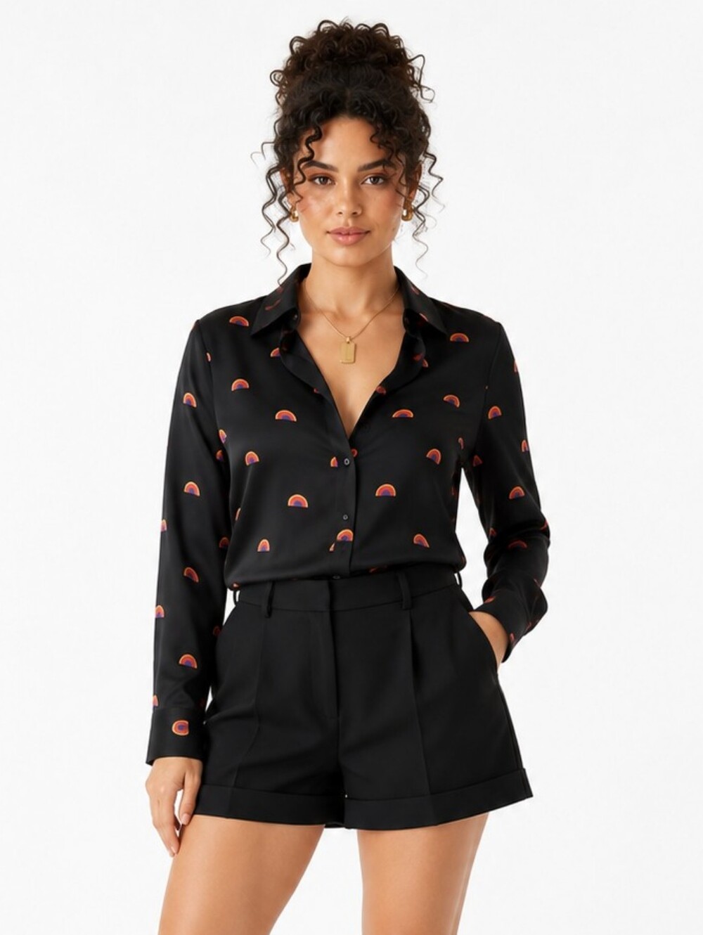 Lulu & Co Black Silk Blend Rainbow Print Button Down Blouse Women's Size 6